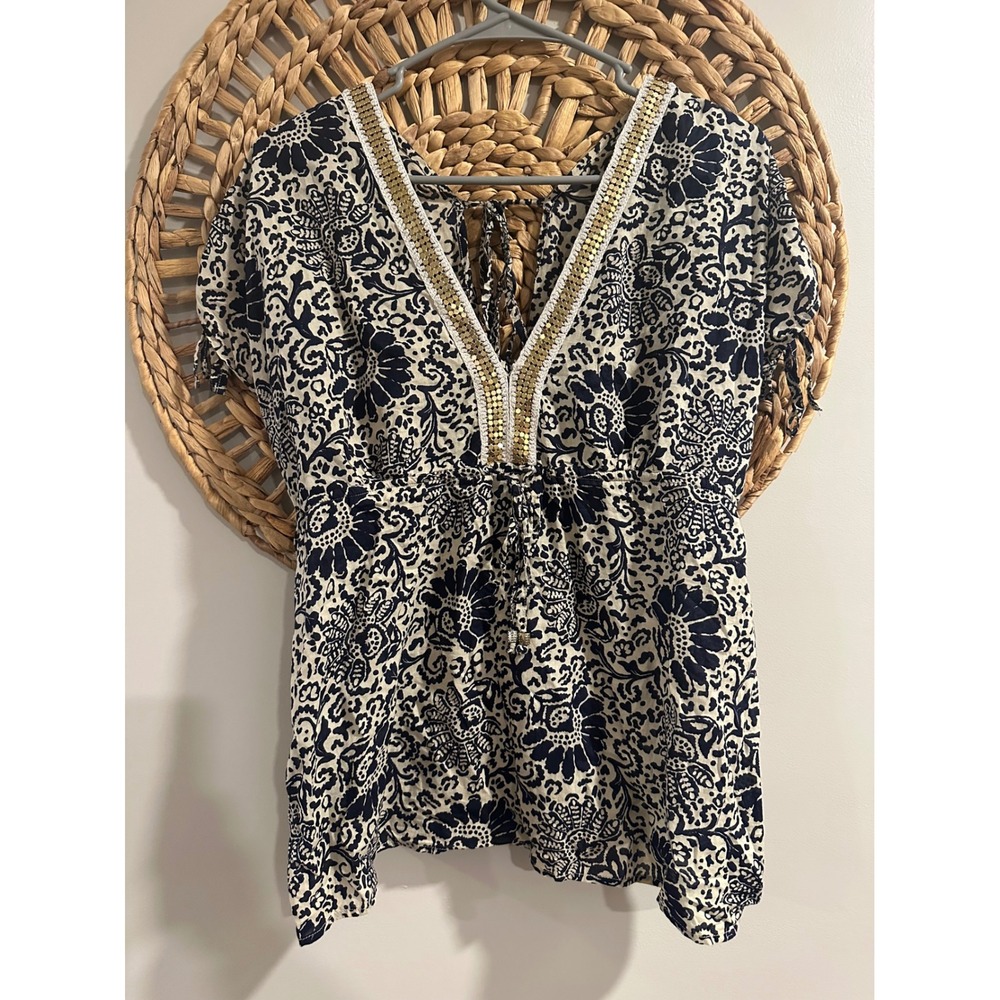 Moda International Navy Floral Sequin V-Neck Boho Empire Waist Cotton Top M